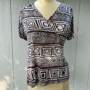 J Jill Aztec Print V Neck cotton Top V Neck Shirt‎ Blouse Womens Small Petite